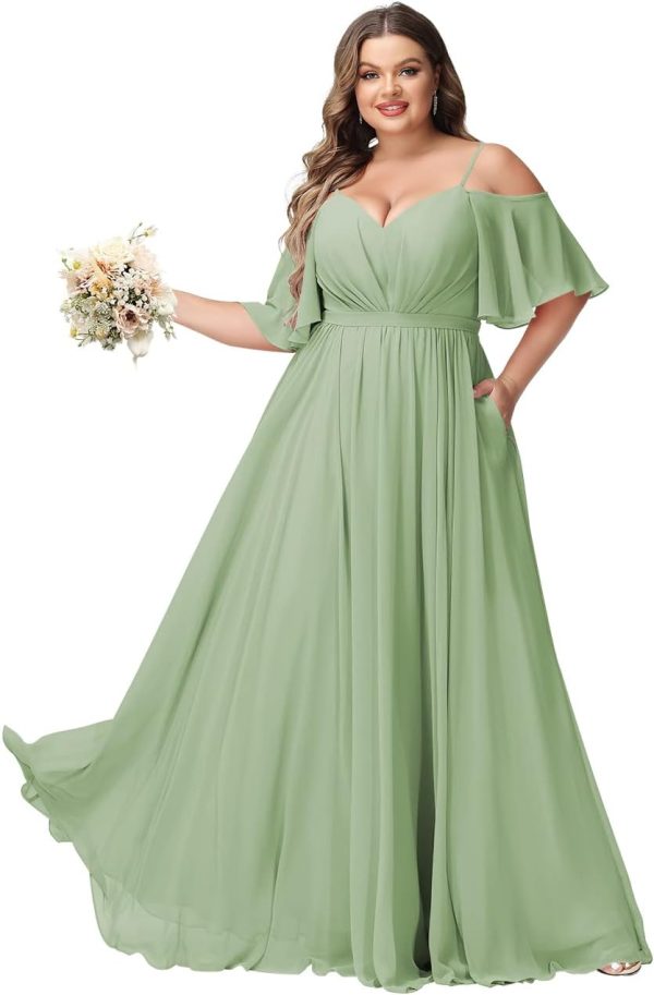 Elegant Women Plus Size Bridesmaid Dresses 2025 with Slit Cold Shoulder Chiffon Formal Party Dresses with Pockets RO020