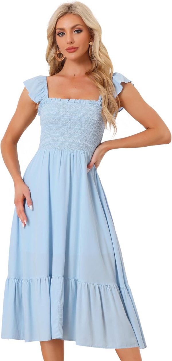 Allegra K Boho Midi Dress for Women's Square Neck Ruffle Tiered Flowy Smocked Sundress