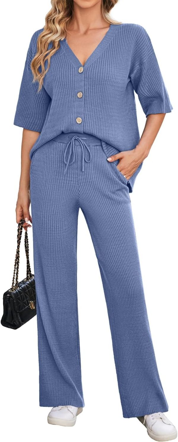 Arach&Cloz Womens 2 Piece Sets Spring Summer Outfits 2024 Short Sleeve Cardigan Sweaters Wide Leg Pants Lounge Tracksuits