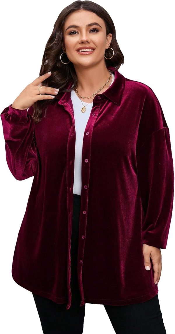 WDIRARA Women's Plus Size Button Front Long Sleeve Collar Velvet Shirt Long Top