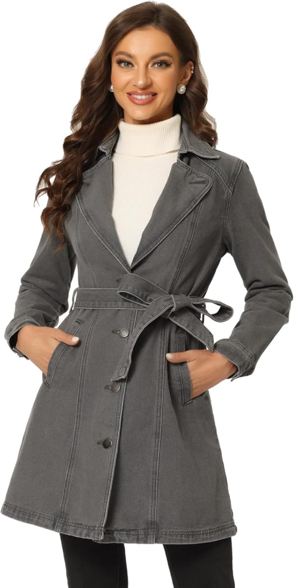 Allegra K Trench Jean jackets Notched Lapel Long Denim Jacket