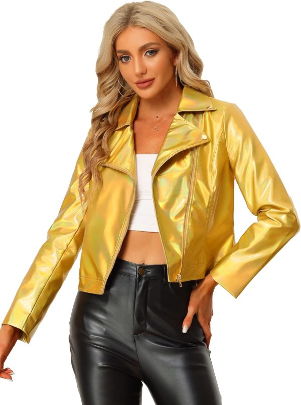 Allegra K Holographic Metallic Jacket for Women's Biker Christmas Shiny Jacket