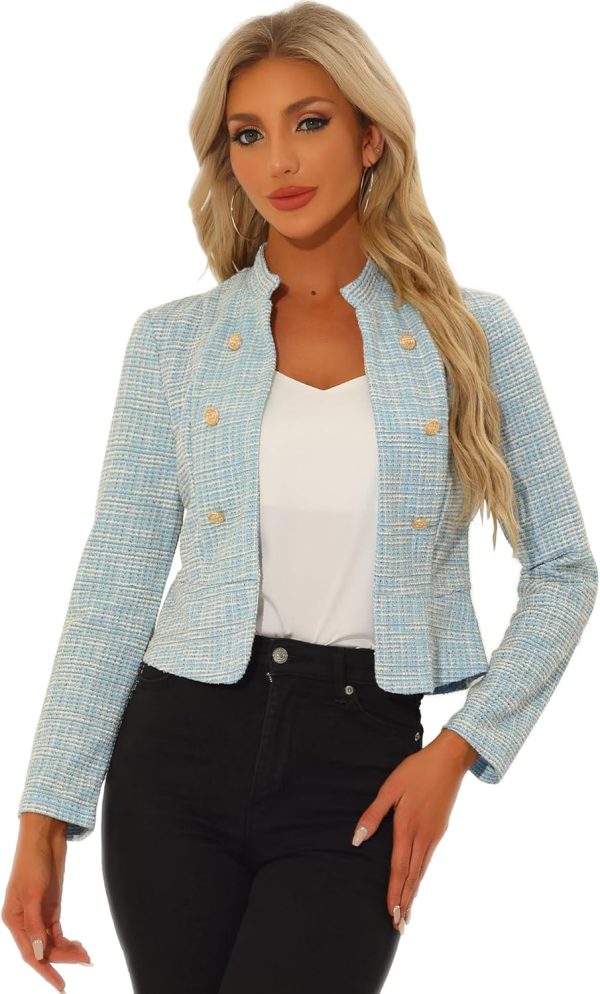 Allegra K Vintage Tweed Jackets for Women's Stand Collar Business Open Front Cropped Jacket