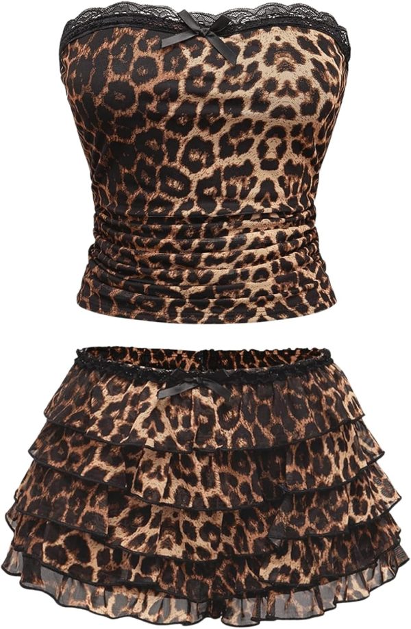 BEAUDRM Women's 2 Piece Outfits Y2k Leopard Print Lace Ruched Bandeau Tube Crop Top and Mesh Tiered Layer Ruffle Micro Shorts