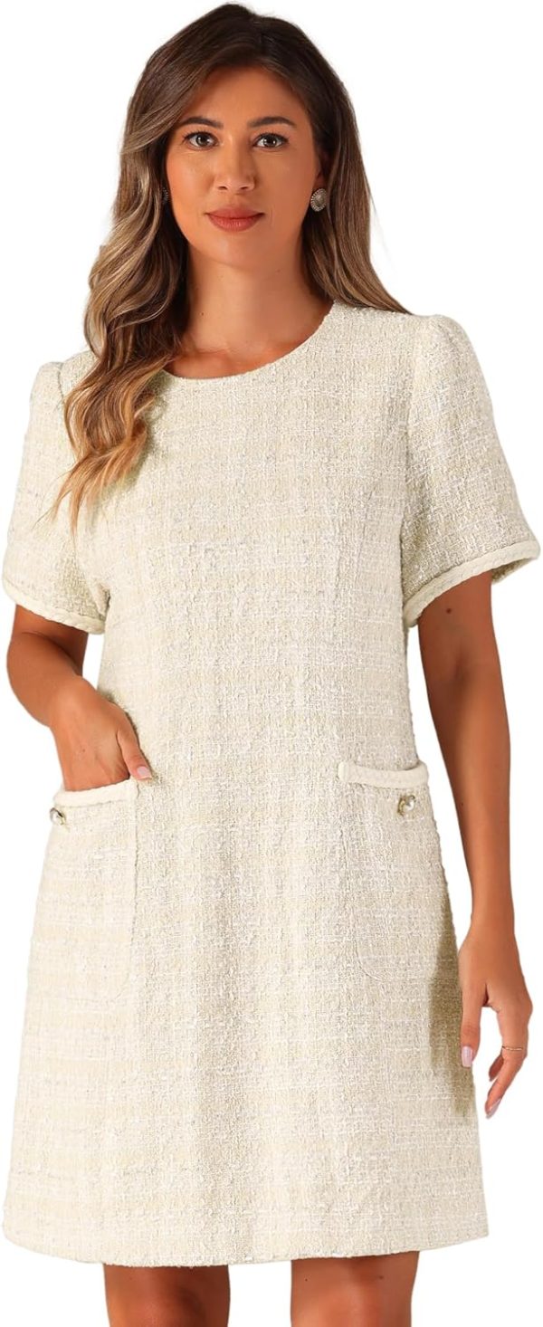 Allegra K Tweed Dress for Women's Short Sleeve A-Line Vintage Mini Shift Dresses