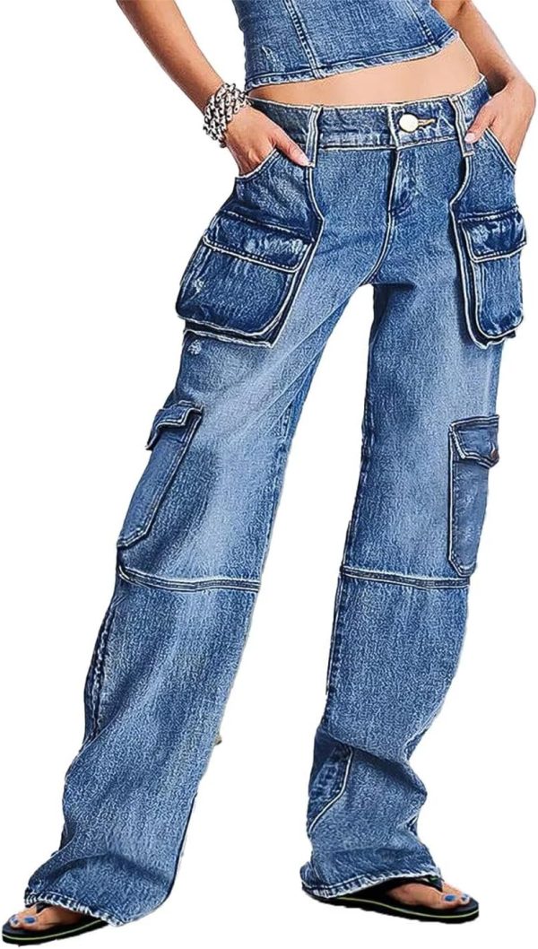 Flamingals Women's Straight Leg Cargo Jeans Low Waist Multi Pocket Baggy Cargo Jeans