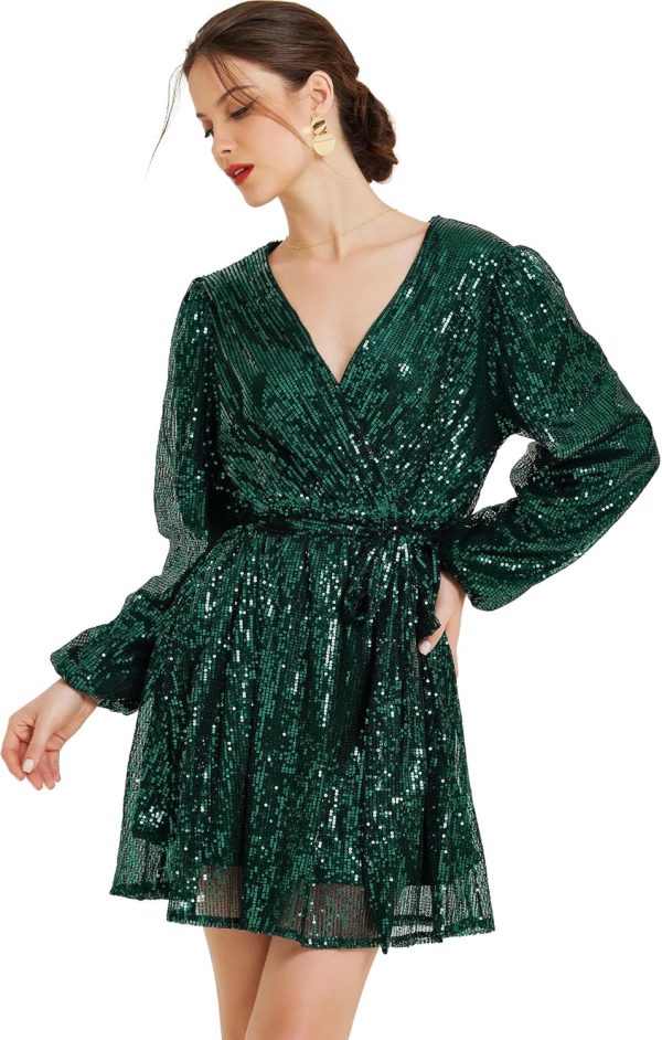 Allegra K Glitter Sequin Dress for Women's V Neck Long Sleeve Tie Waist A-Line Party Dresses